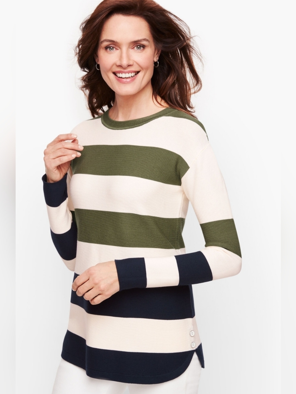 Talbots Womens XL Striped Sweater Button Detail Ivory Navy Green Classic Preppy